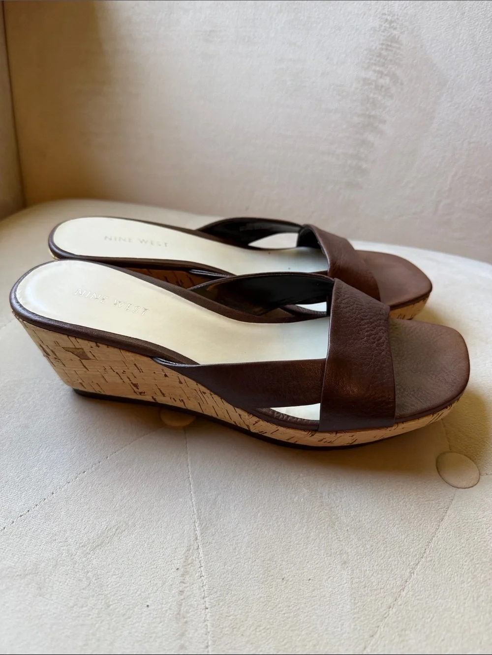 Nine West Brown Leather Cork-Textured Wedge Sandals